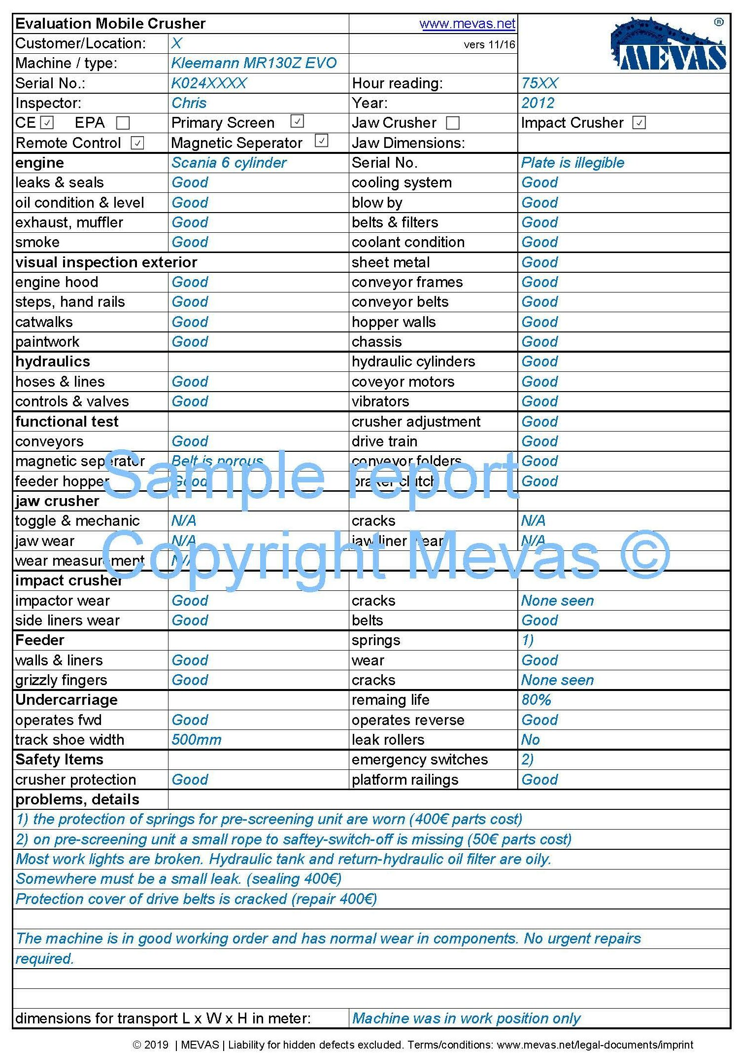 Rock crusher inspection report, checklist crusher inspection