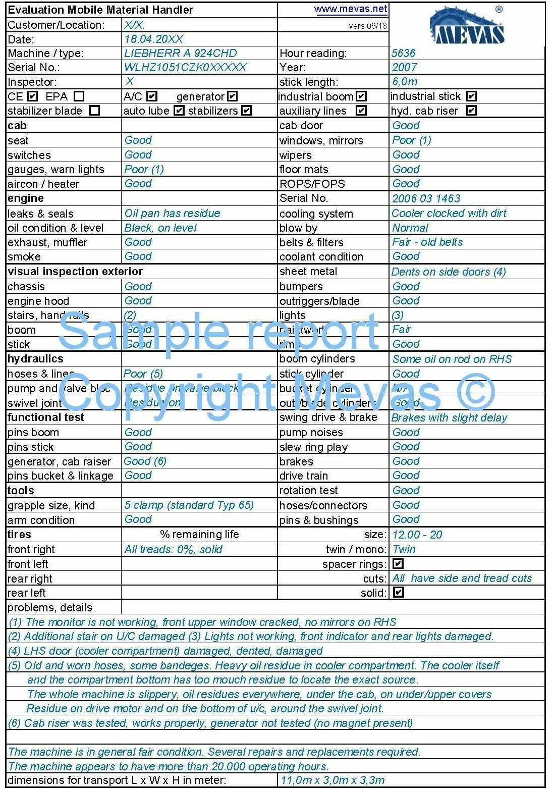 Machinery inspection checklist for material handler MH