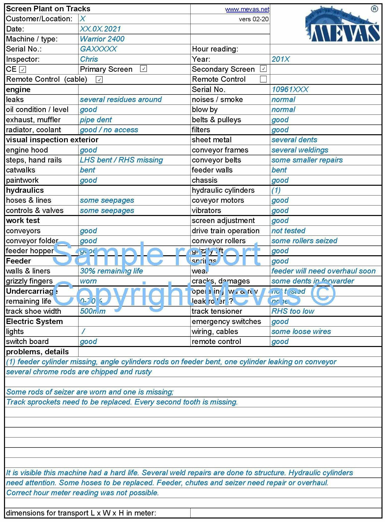 Machine Insection Report Screen Plant inspection report for used machinery by Mevas