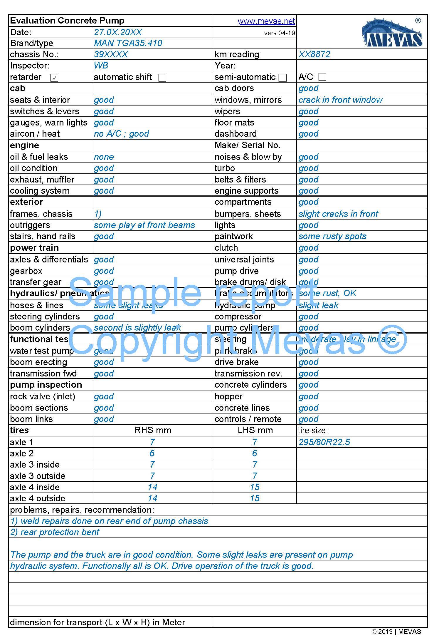 Concrete pump inspection report