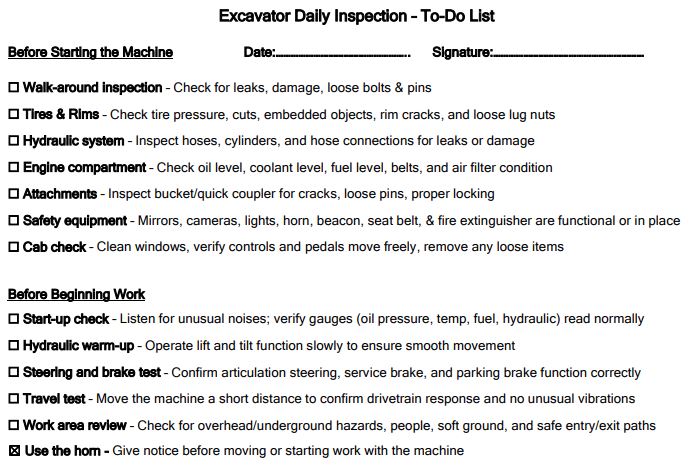 Free prior-shift inspection checklist for heavy machinery